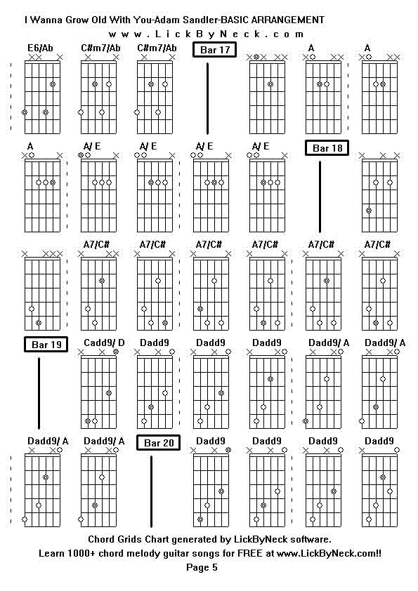 Chord Grids Chart of chord melody fingerstyle guitar song-I Wanna Grow Old With You-Adam Sandler-BASIC ARRANGEMENT,generated by LickByNeck software.